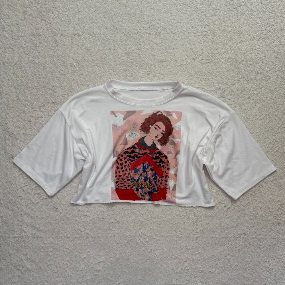 White Orange Hair Lady Graphic Print Crop Top
